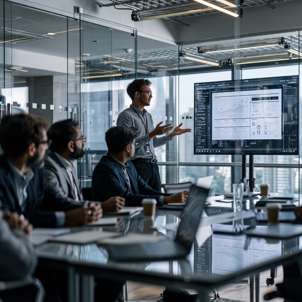 Team reviewing platform insights during a strategy briefing