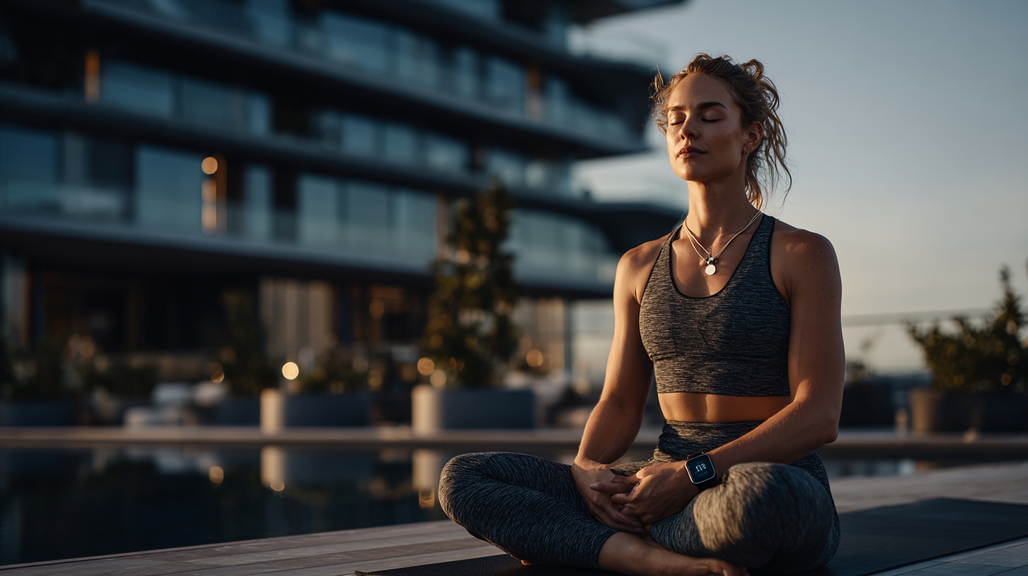 A person meditating at sunset while wearing a smartwatch