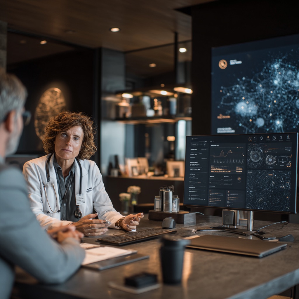 A functional medicine practitioner reviewing health insights with a patient
