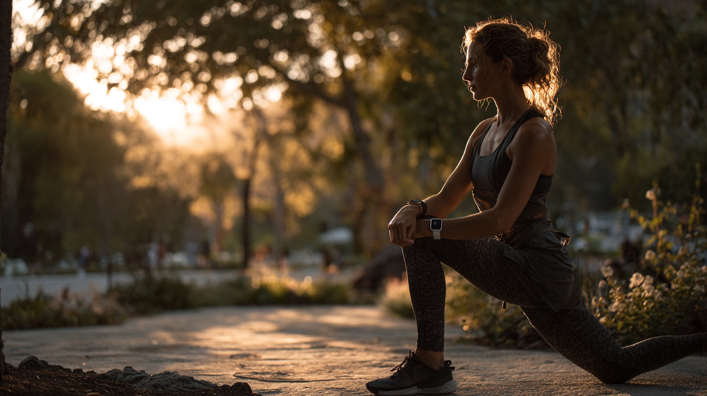 A person stretching outdoors at sunset while wearing a smartwatch